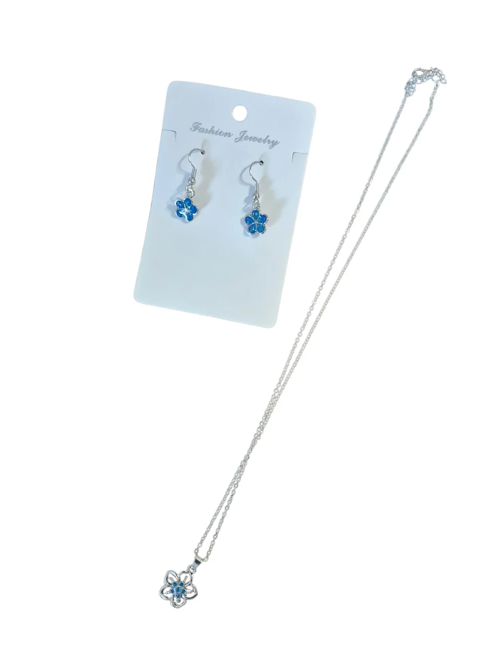 Fashion Jewelry‎ Silver Floral Necklace and Blue Flower Earrings Set